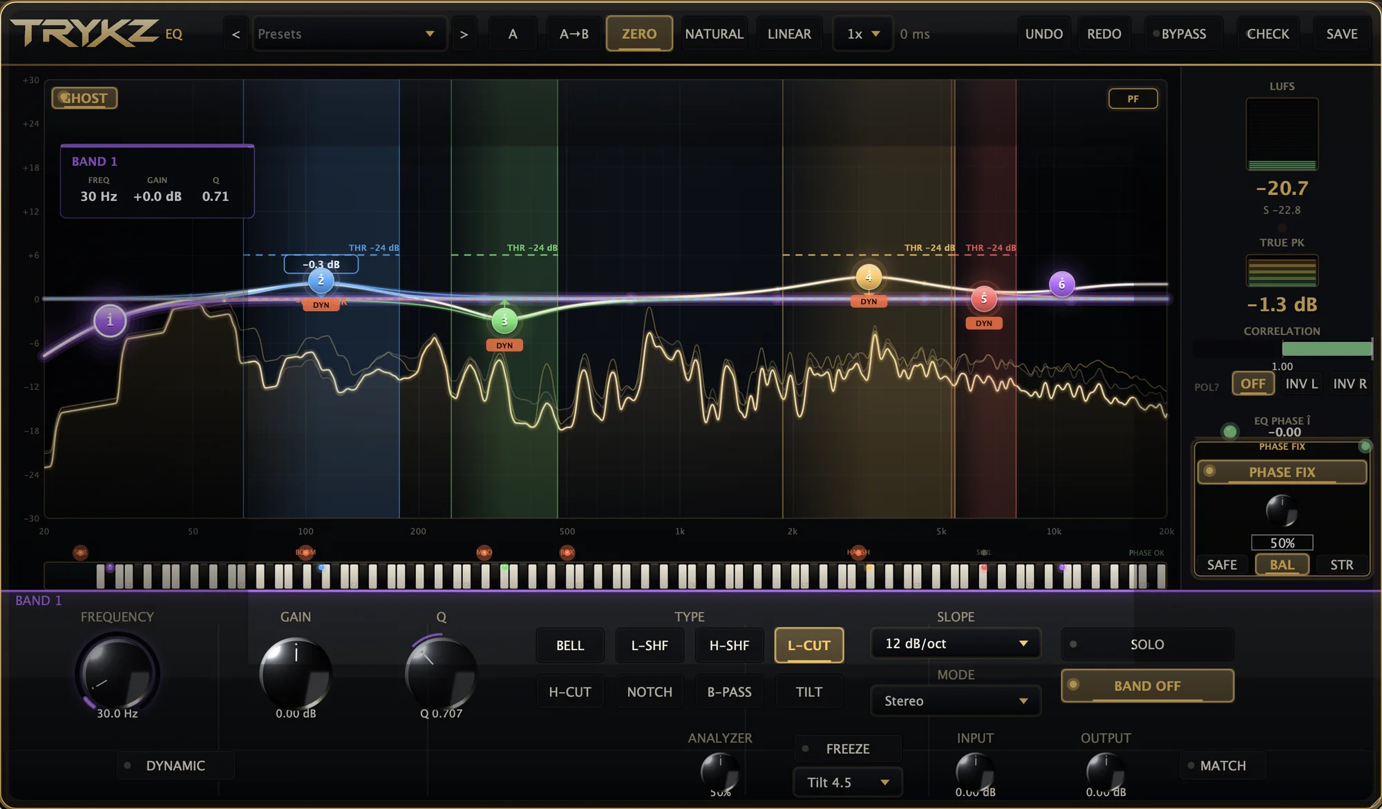 TRYKZ EQ plugin interface showing dynamic equalizer bands, mid/side processing and the real-time spectrum analyzer