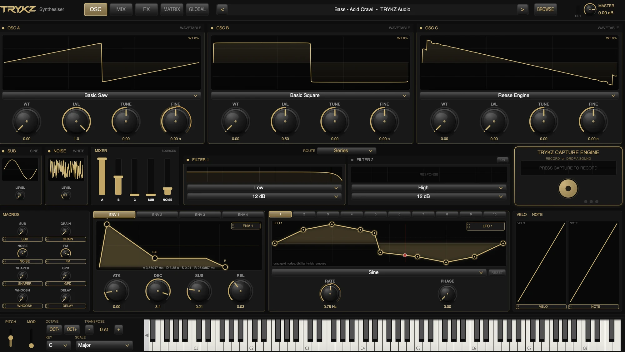 TRYKZ SYNTHESISER plugin interface, a wavetable bass synthesizer for Mac showing three oscillators, wavetable displays, filters, the TRYKZ voice-to-synth capture engine, modulation envelopes and a playable keyboard